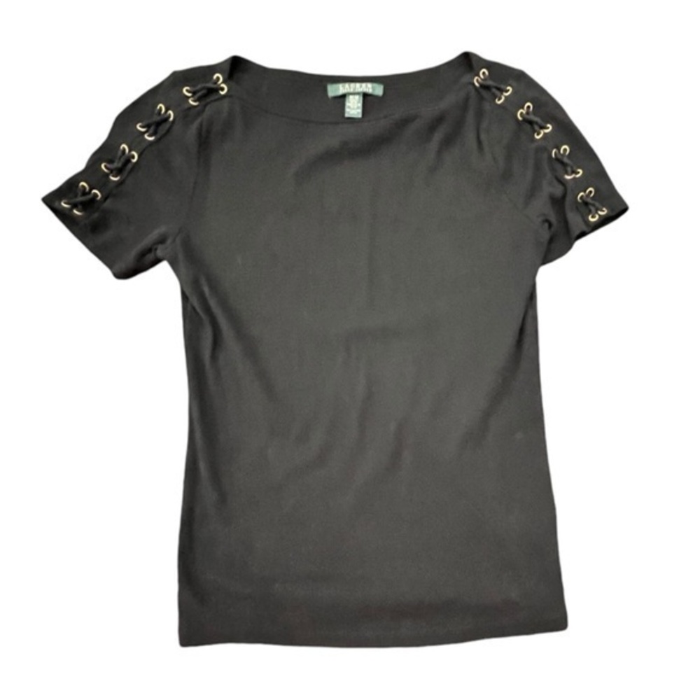 LAUREN RALPH LAUREN Black Top Lace‎ Up Sleeves Medium Nautical Coastal Stretch